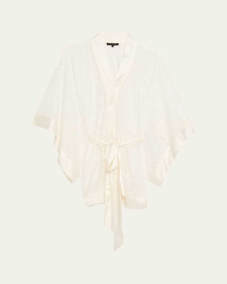 Coquette Charmeuse-Trim Floral Lace Mini Kimono